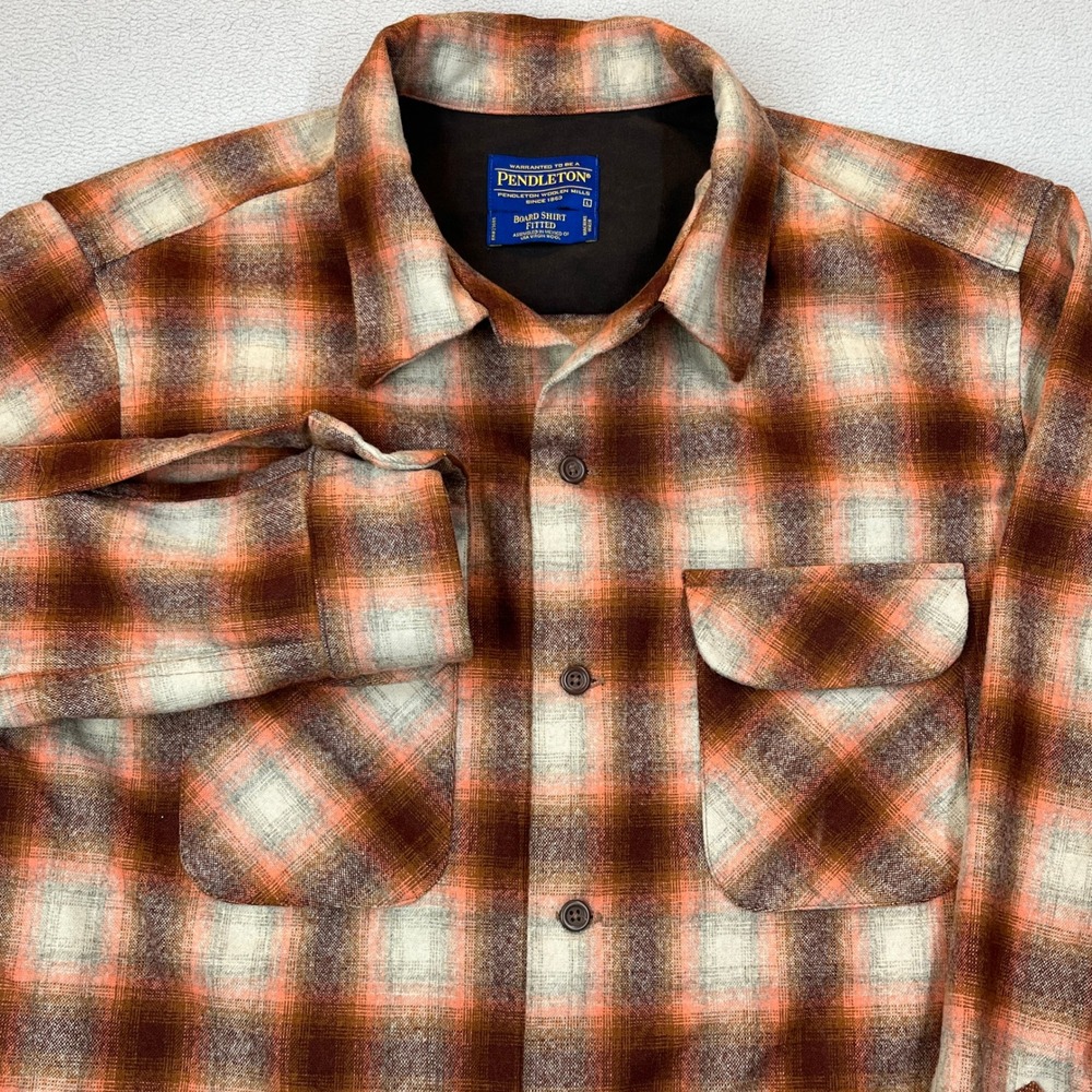 Pendleton Board Shirt Fitted Mens Large Orange Brown Plaid Wool AA068-31292
